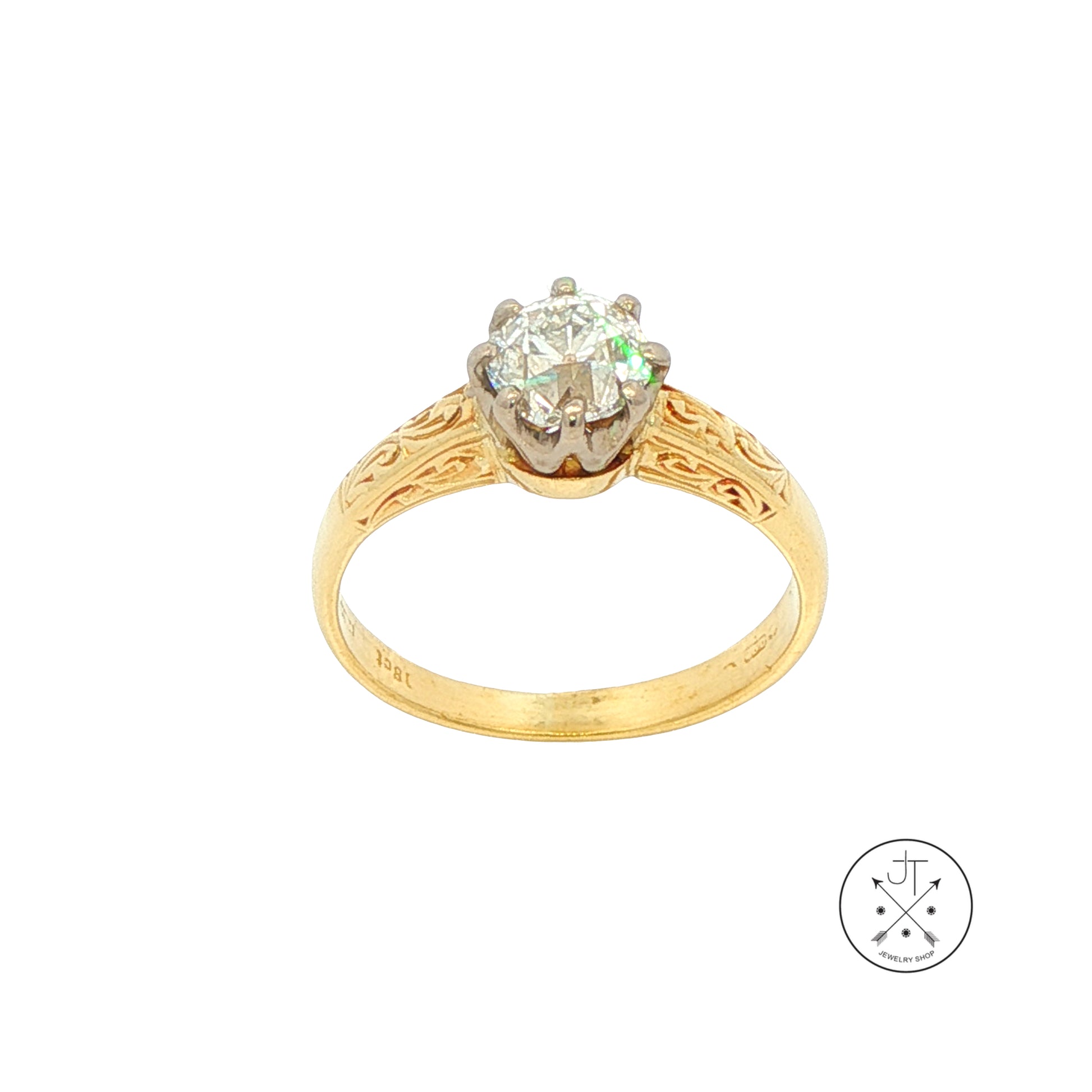 Antique 18k Yellow Gold Solitaire Ring with .80 ct Old Mine Cut Natural Diamond Size 5.25 HVS2