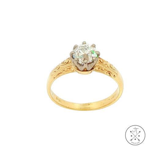 Antique 18k Yellow Gold Solitaire Ring with .80 ct Old Mine Cut Natural Diamond Size 5.25 HVS2