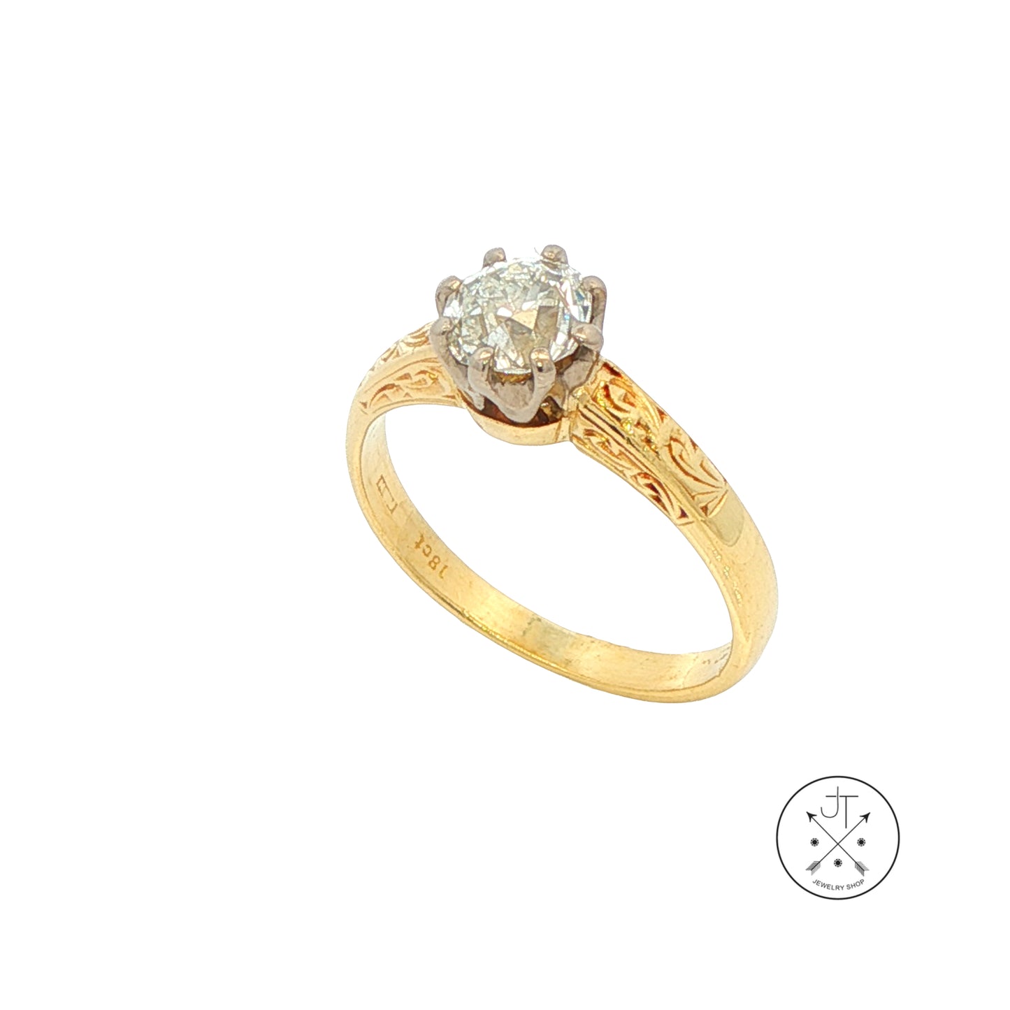 Antique 18k Yellow Gold Solitaire Ring with .80 ct Old Mine Cut Natural Diamond Size 5.25 HVS2