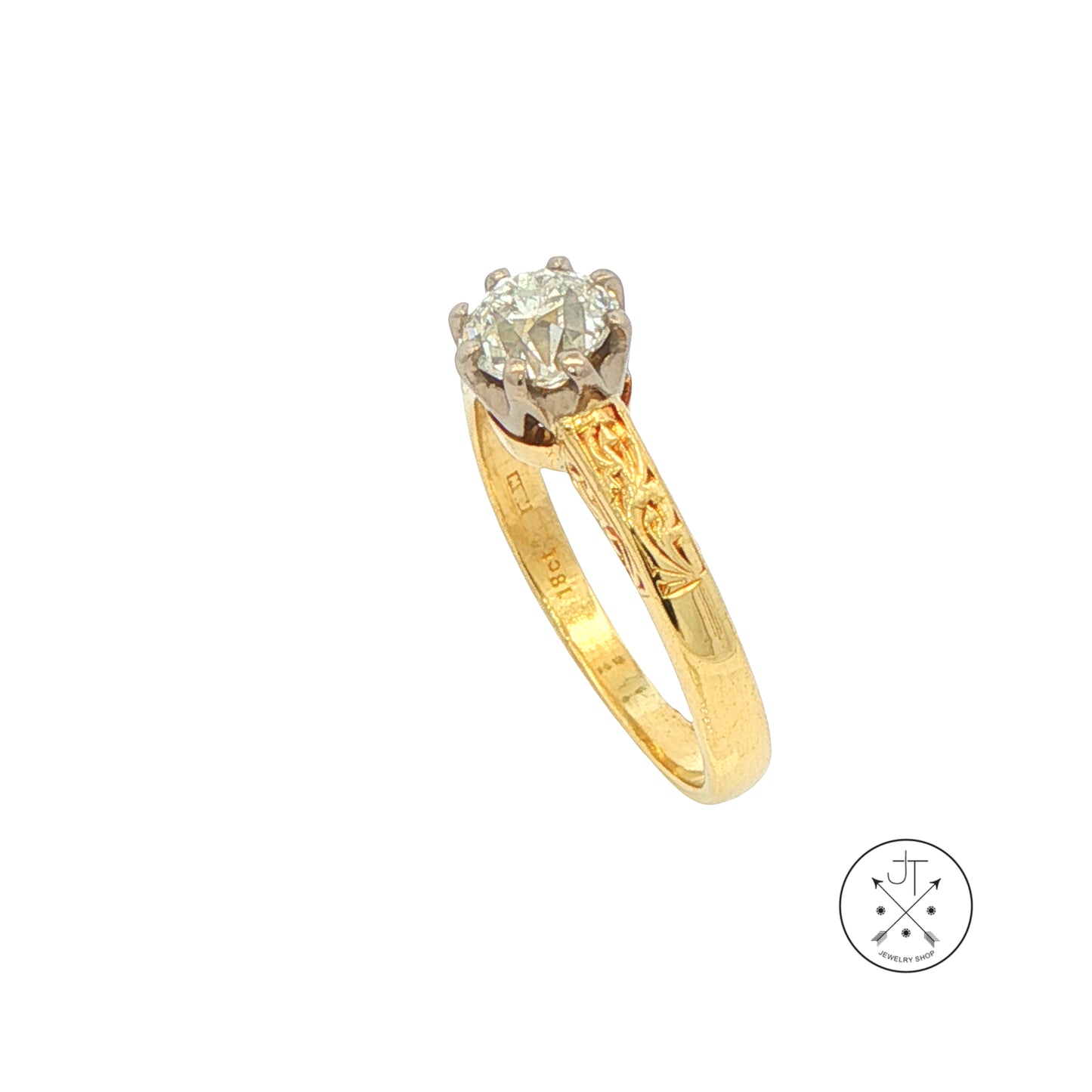 Antique 18k Yellow Gold Solitaire Ring with .80 ct Old Mine Cut Natural Diamond Size 5.25 HVS2