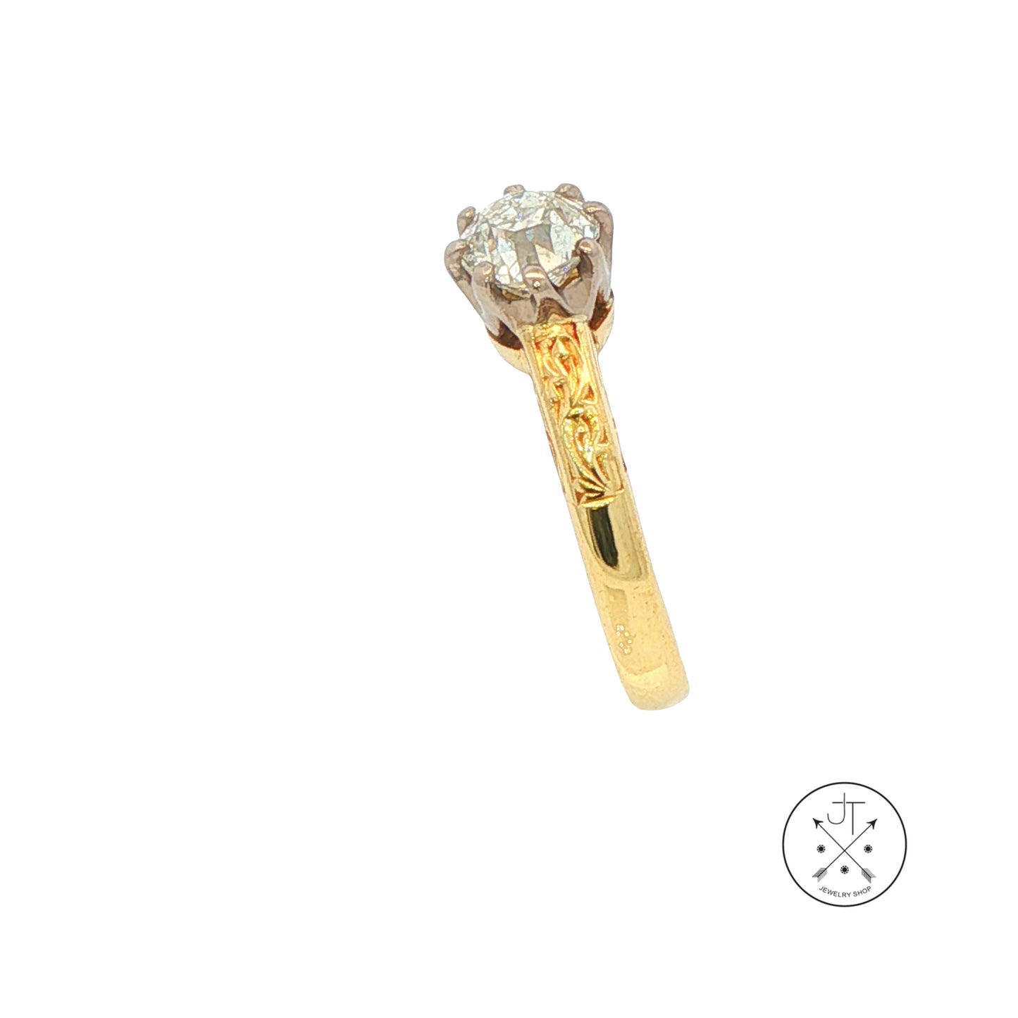 Antique 18k Yellow Gold Solitaire Ring with .80 ct Old Mine Cut Natural Diamond Size 5.25 HVS2