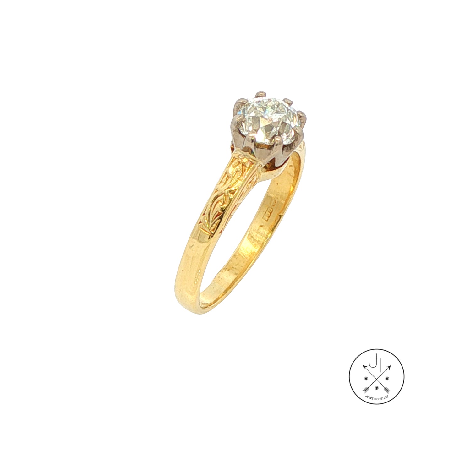 Antique 18k Yellow Gold Solitaire Ring with .80 ct Old Mine Cut Natural Diamond Size 5.25 HVS2