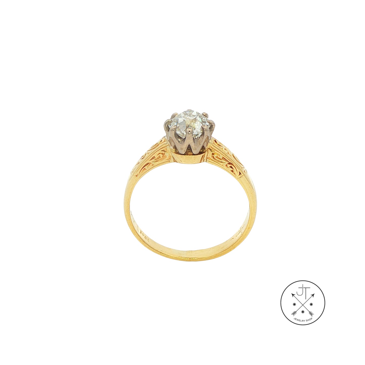Antique 18k Yellow Gold Solitaire Ring with .80 ct Old Mine Cut Natural Diamond Size 5.25 HVS2