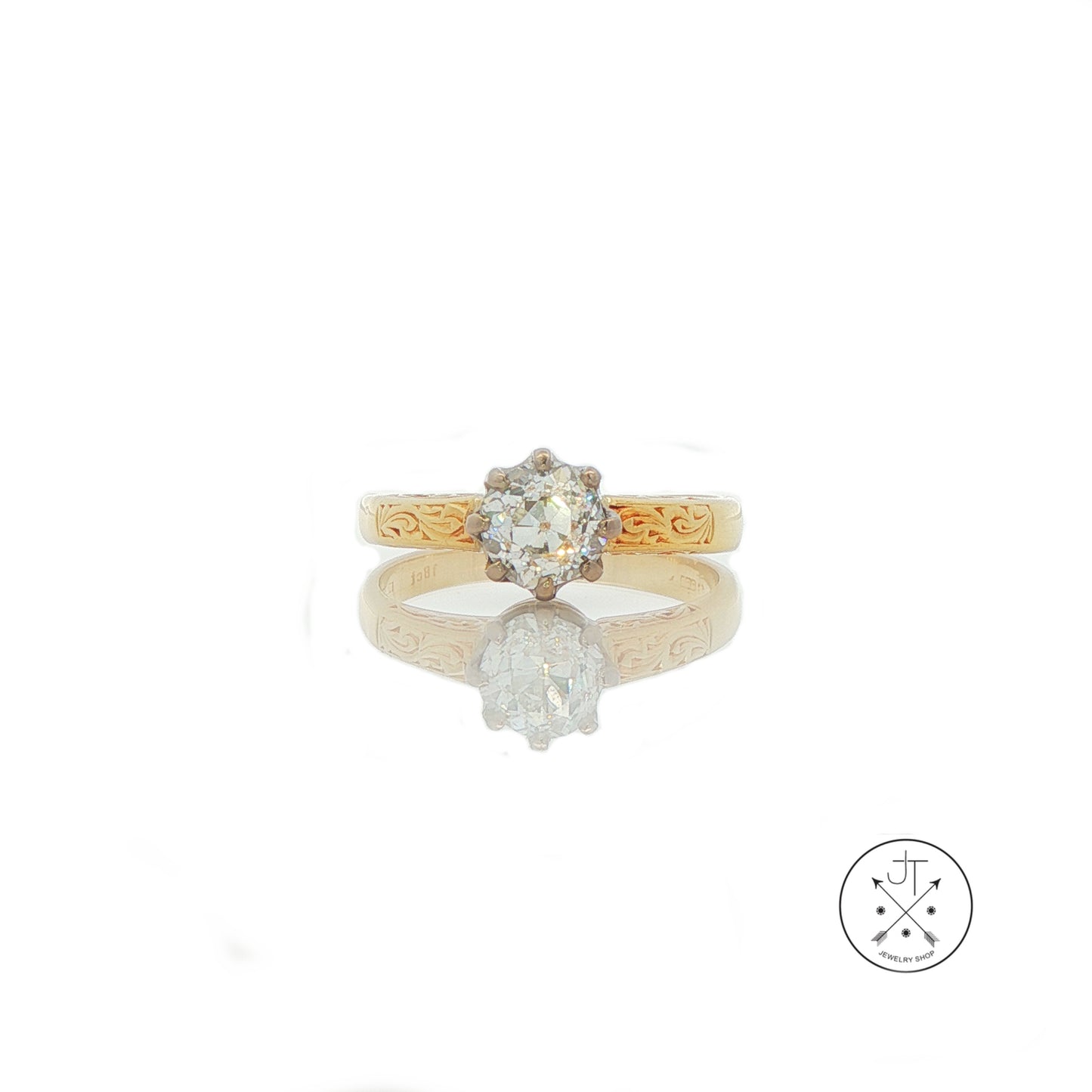 Antique 18k Yellow Gold Solitaire Ring with .80 ct Old Mine Cut Natural Diamond Size 5.25 HVS2