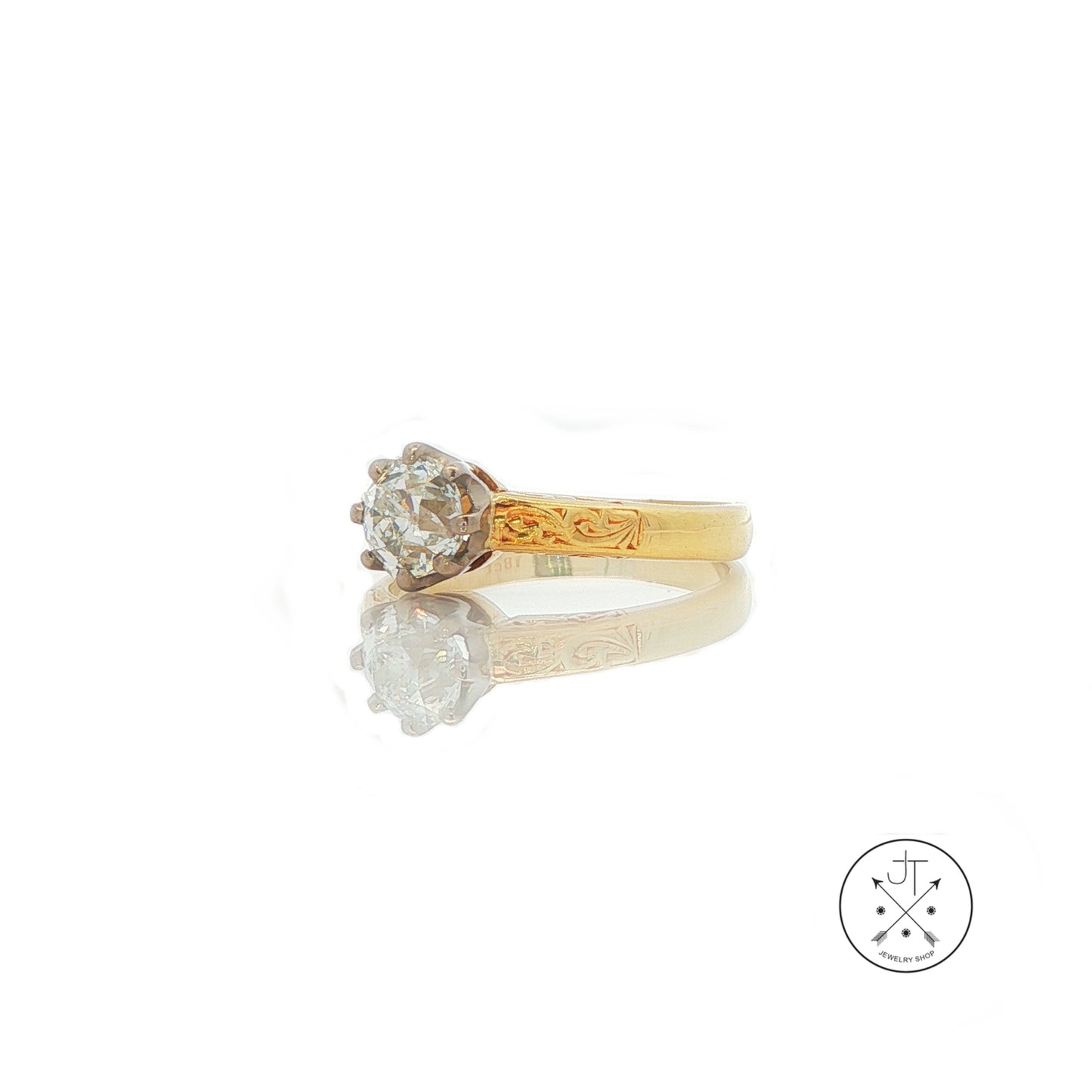 Antique 18k Yellow Gold Solitaire Ring with .80 ct Old Mine Cut Natural Diamond Size 5.25 HVS2