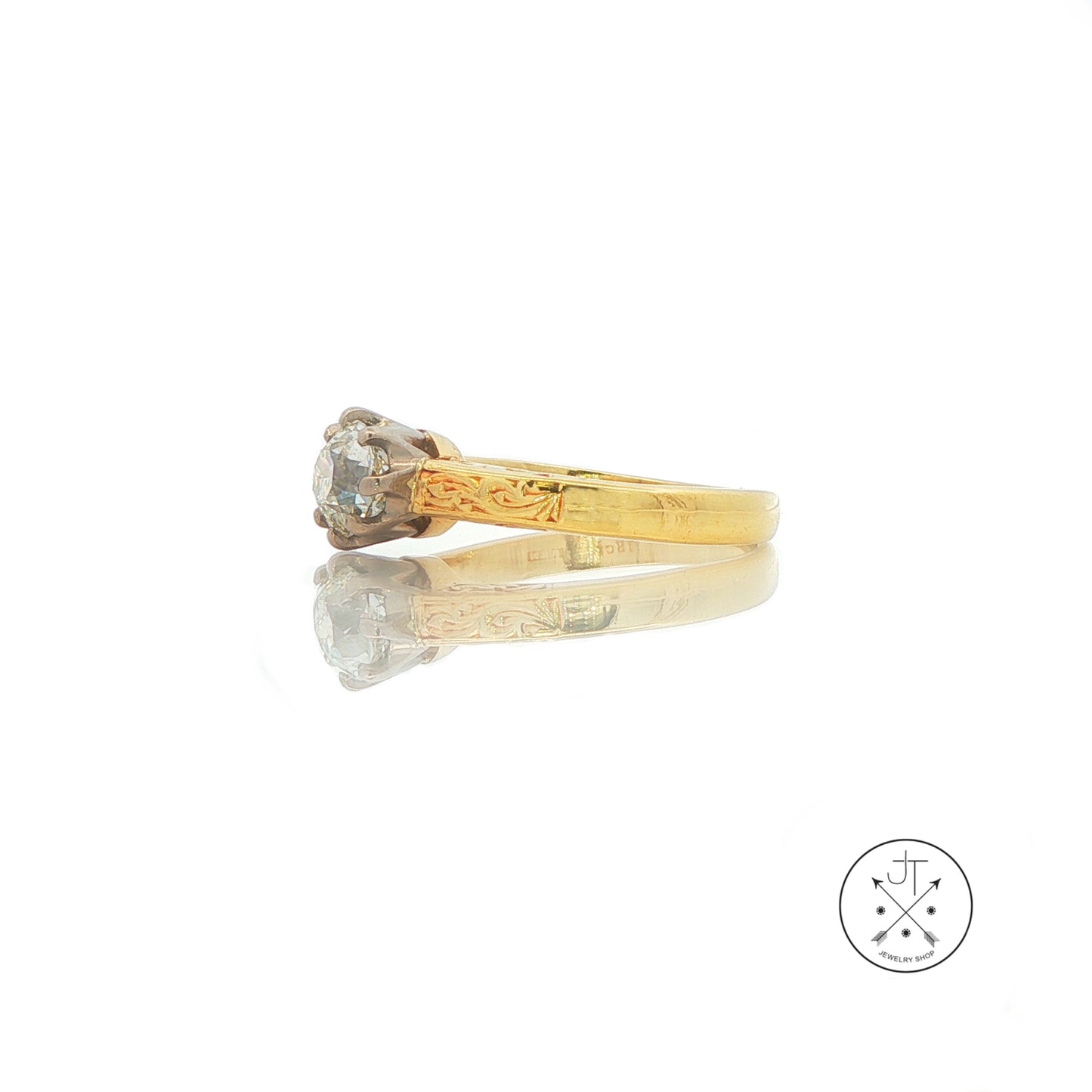 Antique 18k Yellow Gold Solitaire Ring with .80 ct Old Mine Cut Natural Diamond Size 5.25 HVS2