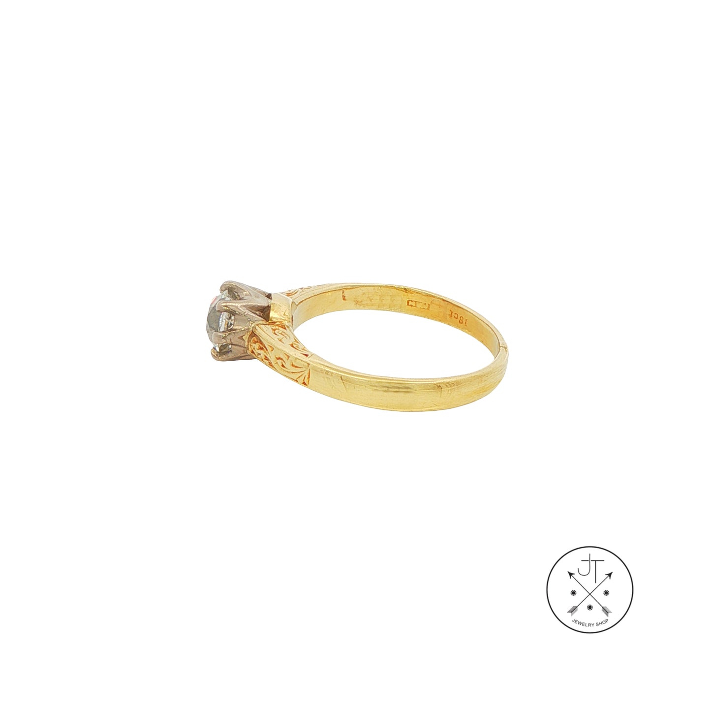 Antique 18k Yellow Gold Solitaire Ring with .80 ct Old Mine Cut Natural Diamond Size 5.25 HVS2