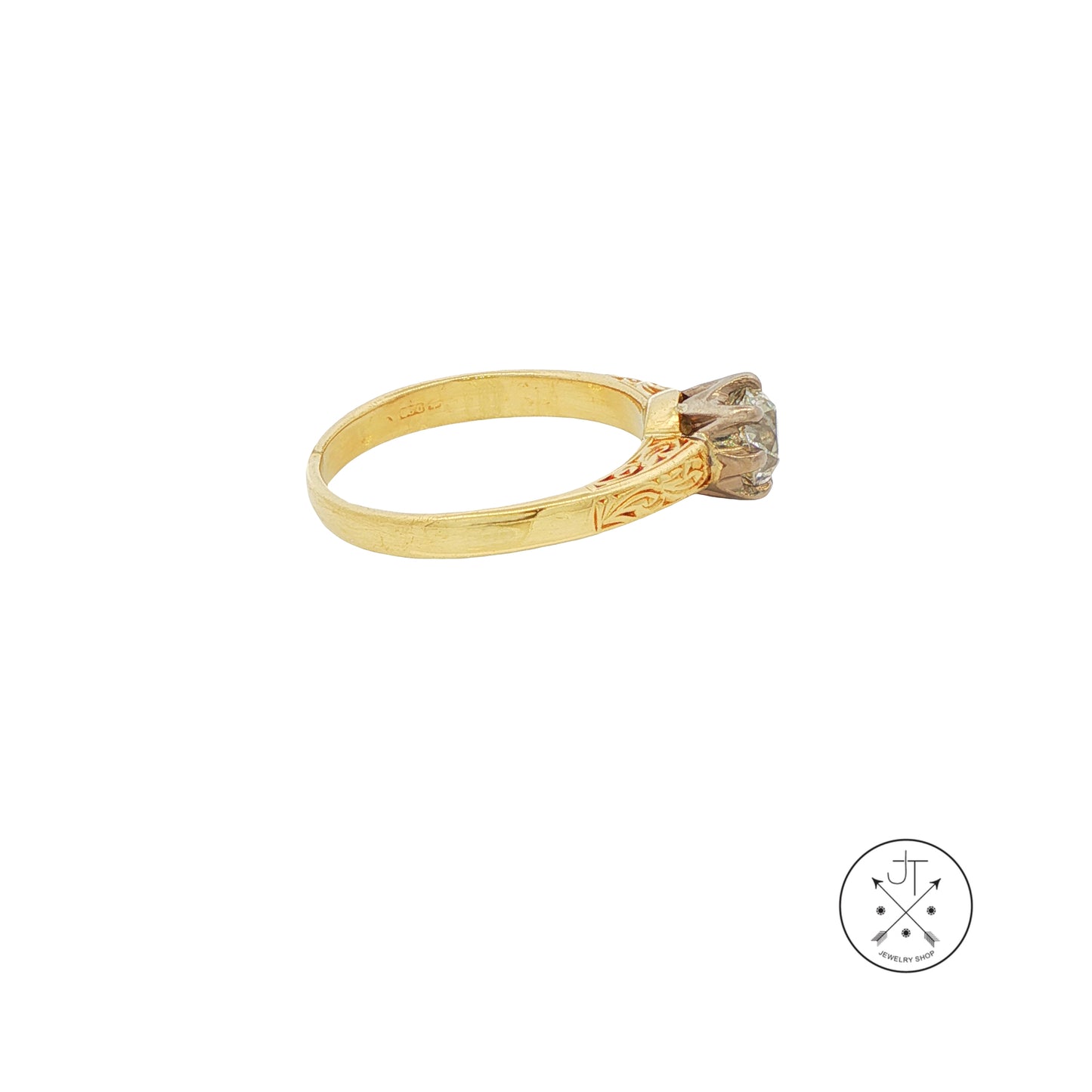 Antique 18k Yellow Gold Solitaire Ring with .80 ct Old Mine Cut Natural Diamond Size 5.25 HVS2