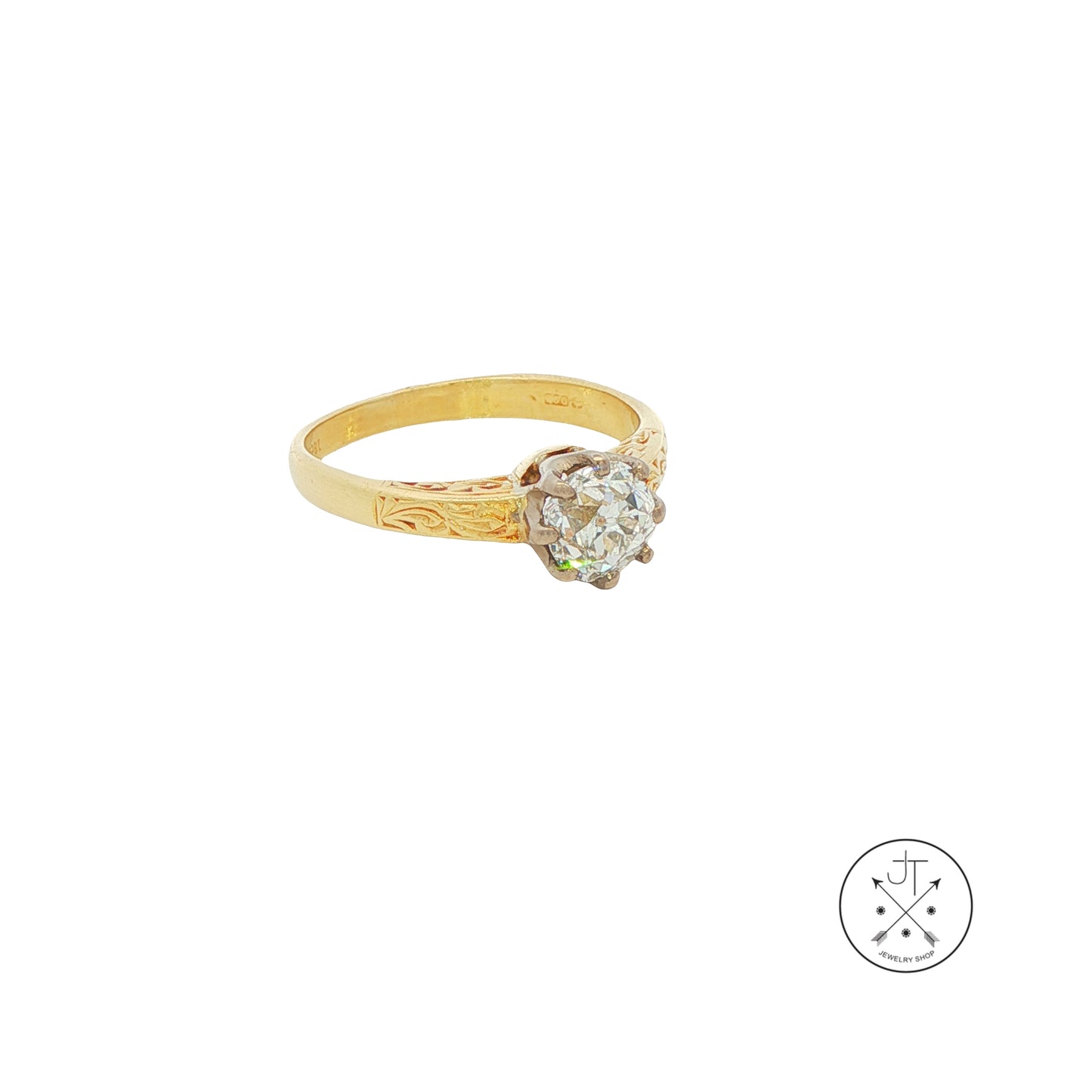 Antique 18k Yellow Gold Solitaire Ring with .80 ct Old Mine Cut Natural Diamond Size 5.25 HVS2