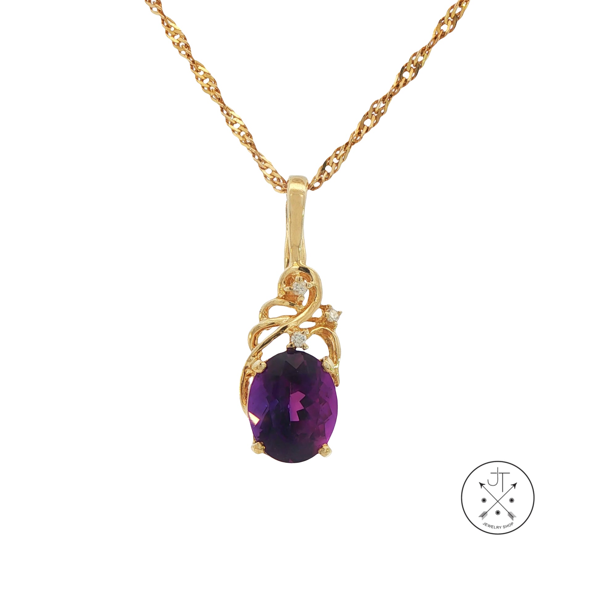 Vintage 14k Yellow Gold Pendant Necklace with Amethyst and Diamonds 16 inch