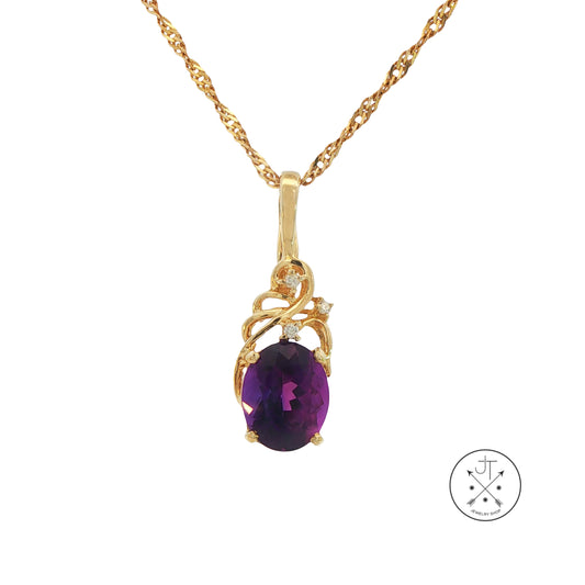 Vintage 14k Yellow Gold Pendant Necklace with Amethyst and Diamonds 16 inch