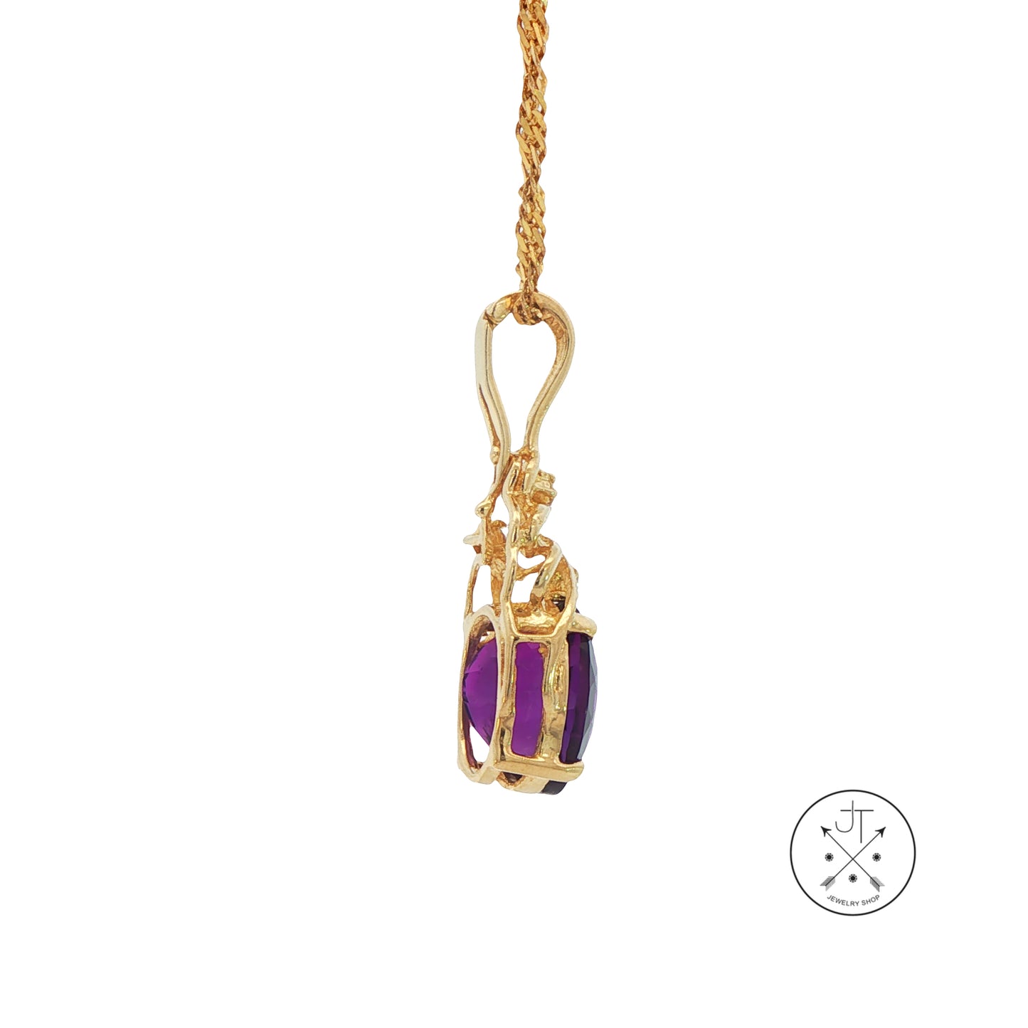 Vintage 14k Yellow Gold Pendant Necklace with Amethyst and Diamonds 16 inch