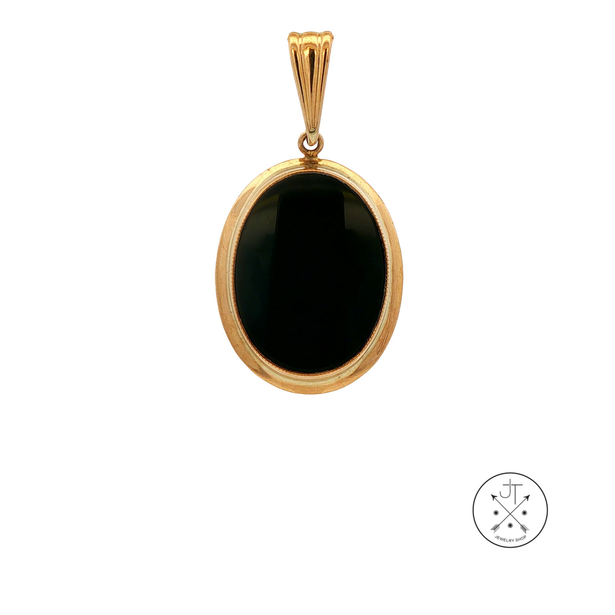 A gold oval pendant featuring a smooth, polished black onyx stone, shown against a plain white background with a small circular brand logo in the bottom right corner.