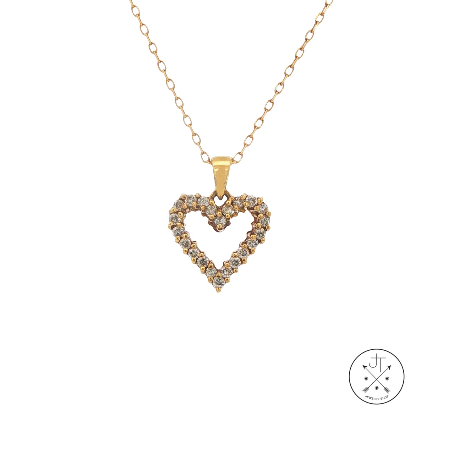 Gold heart-shaped pendant necklace on a white background with a brand logo in the corner.