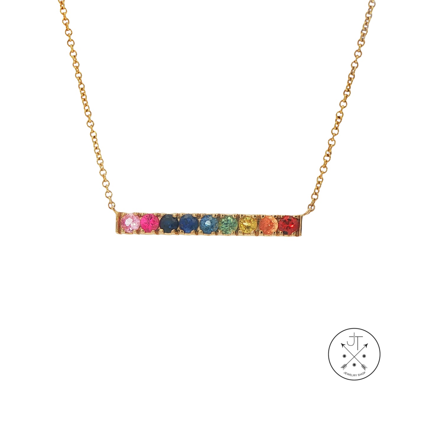 Necklace with colorful topaz gemstones on a white background