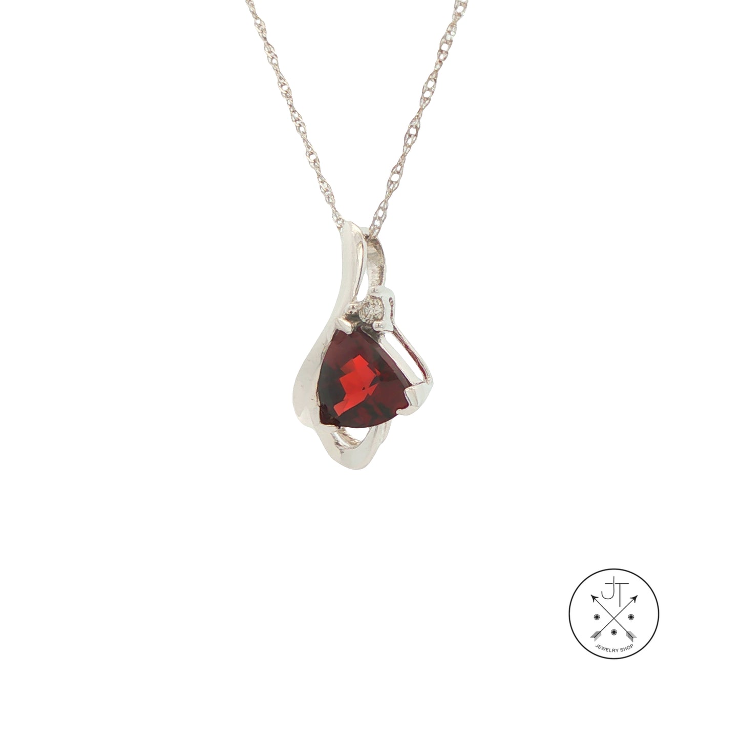 14k White Gold Pendant Necklace with Natural Garnet and Diamond 18 inch