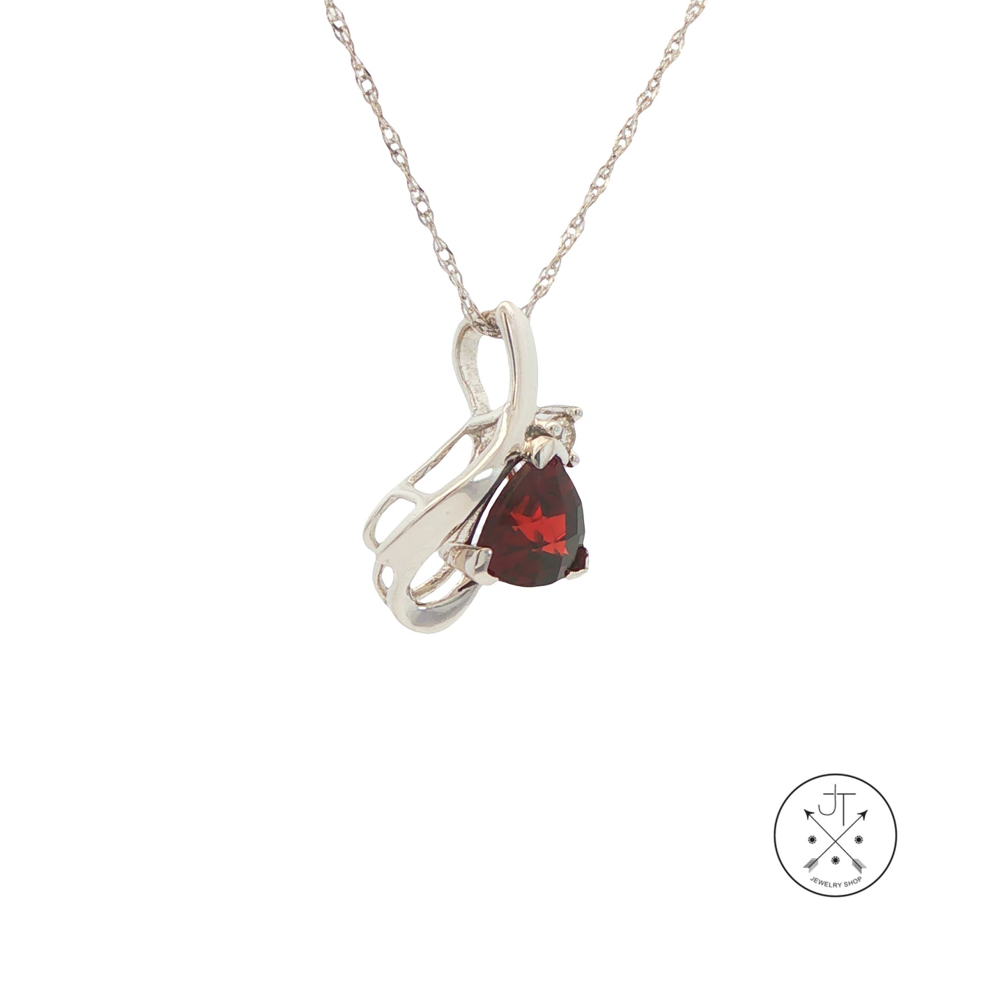 14k White Gold Pendant Necklace with Natural Garnet and Diamond 18 inch