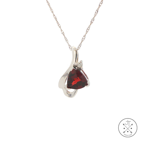 White Gold pendant necklace with a red garnet gemstone on a white background