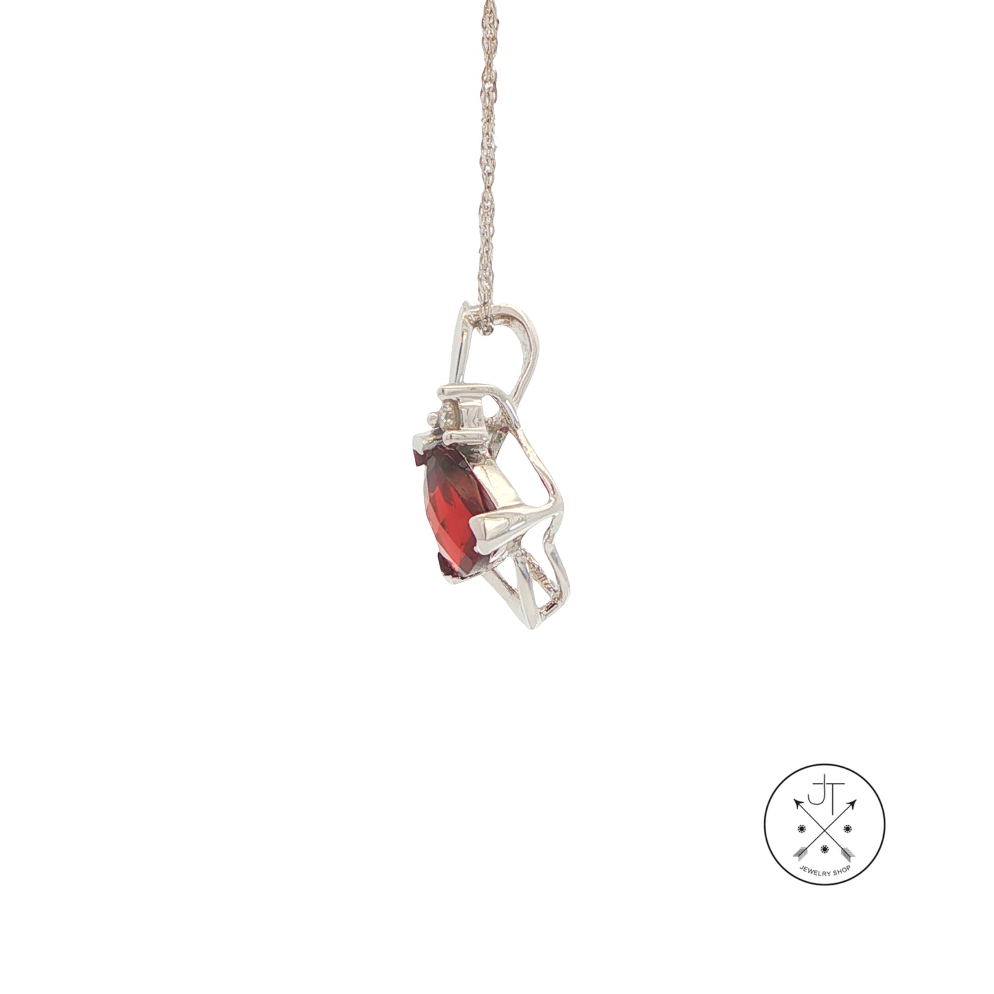 14k White Gold Pendant Necklace with Natural Garnet and Diamond 18 inch