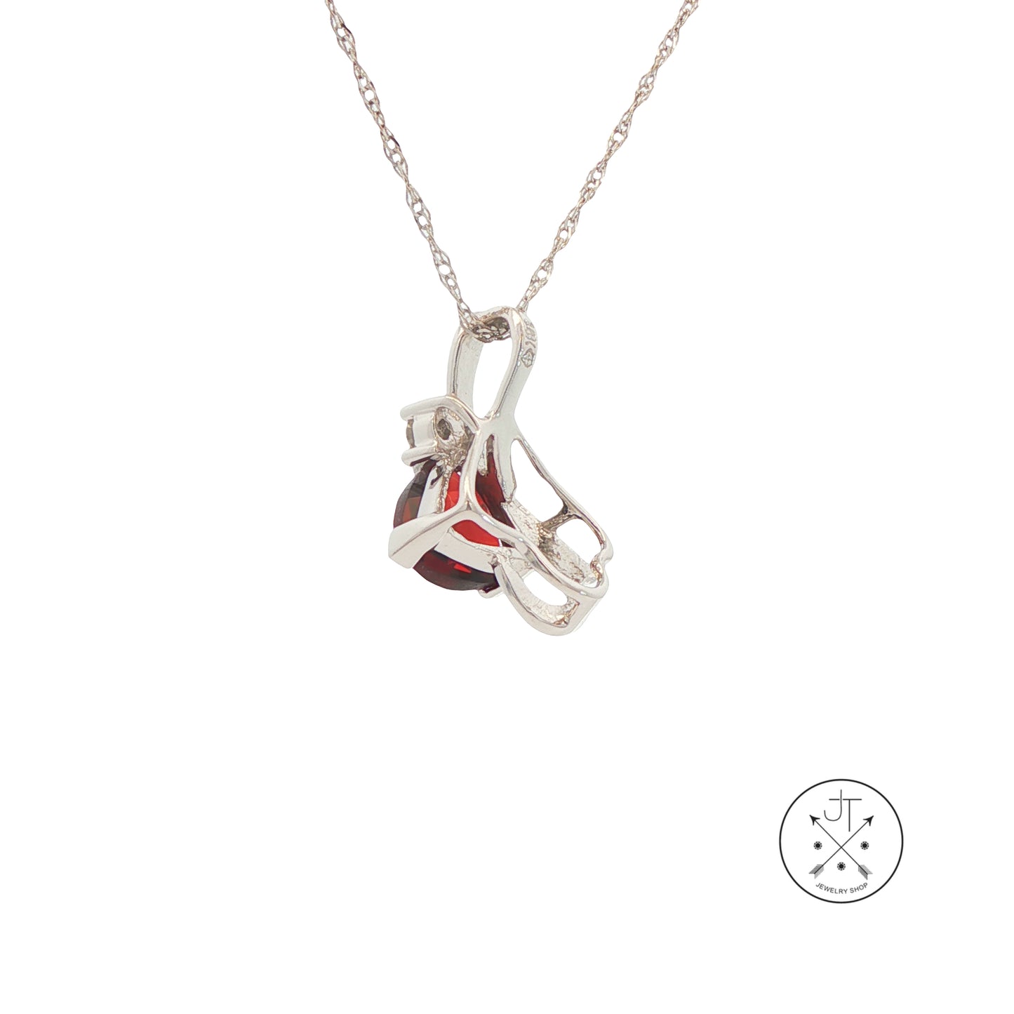 14k White Gold Pendant Necklace with Natural Garnet and Diamond 18 inch