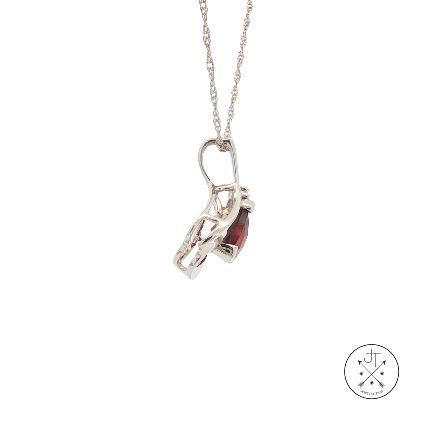 14k White Gold Pendant Necklace with Natural Garnet and Diamond 18 inch