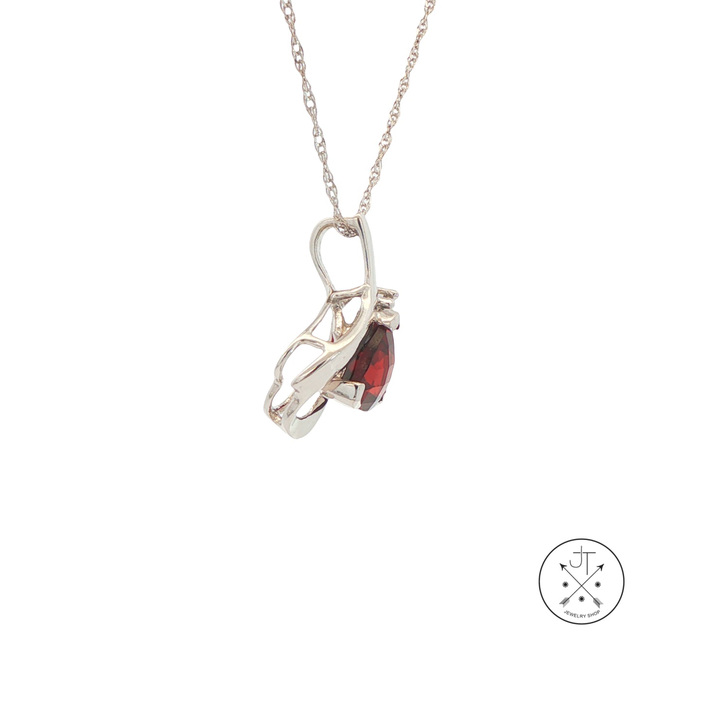 14k White Gold Pendant Necklace with Natural Garnet and Diamond 18 inch