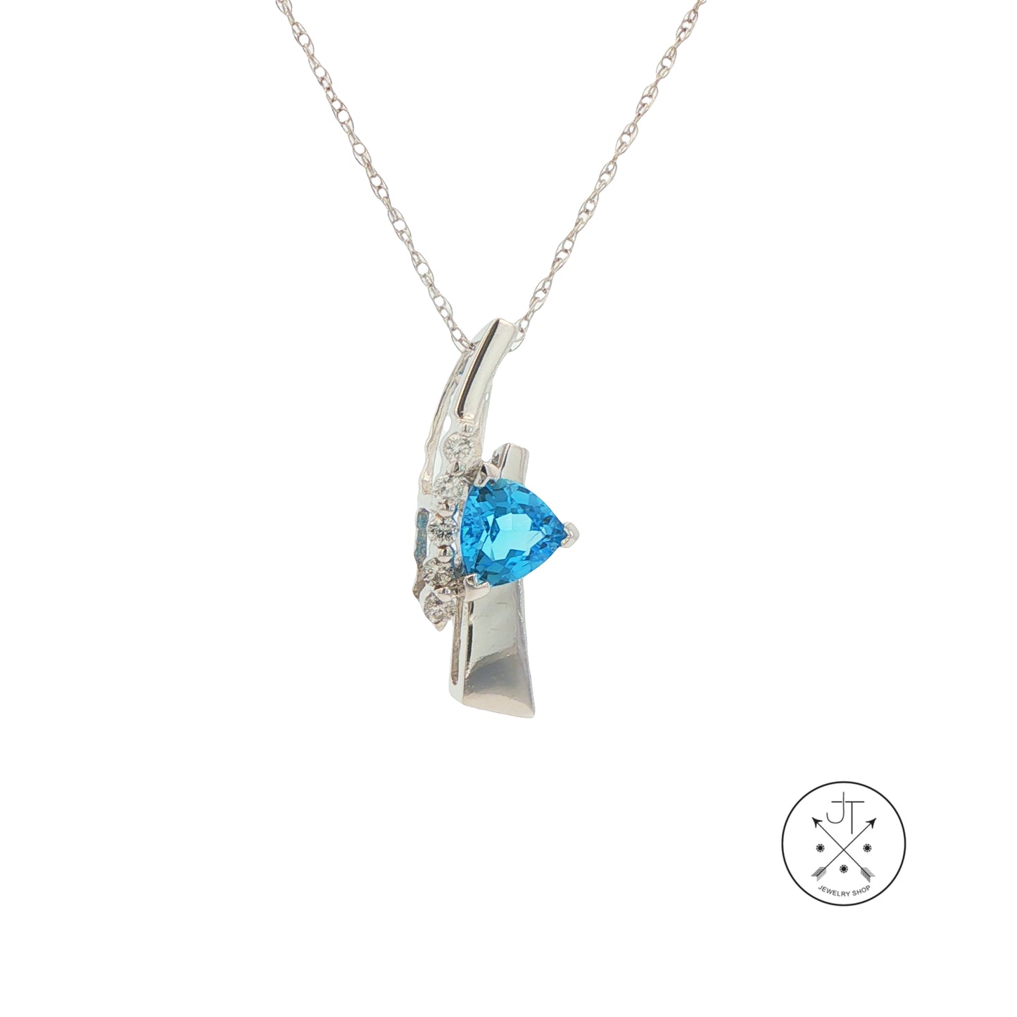 14k White Gold Pendant Necklace with Natural Topaz and Diamonds 18 inch