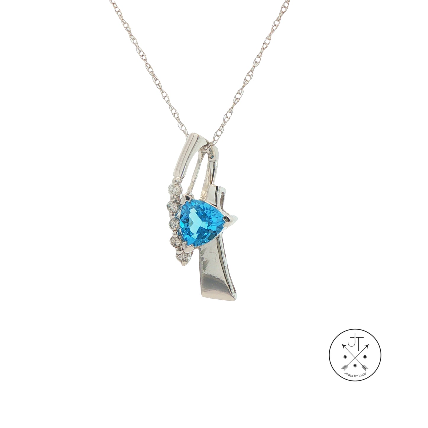 White Gold pendant necklace with a blue topaz gemstone on a white background