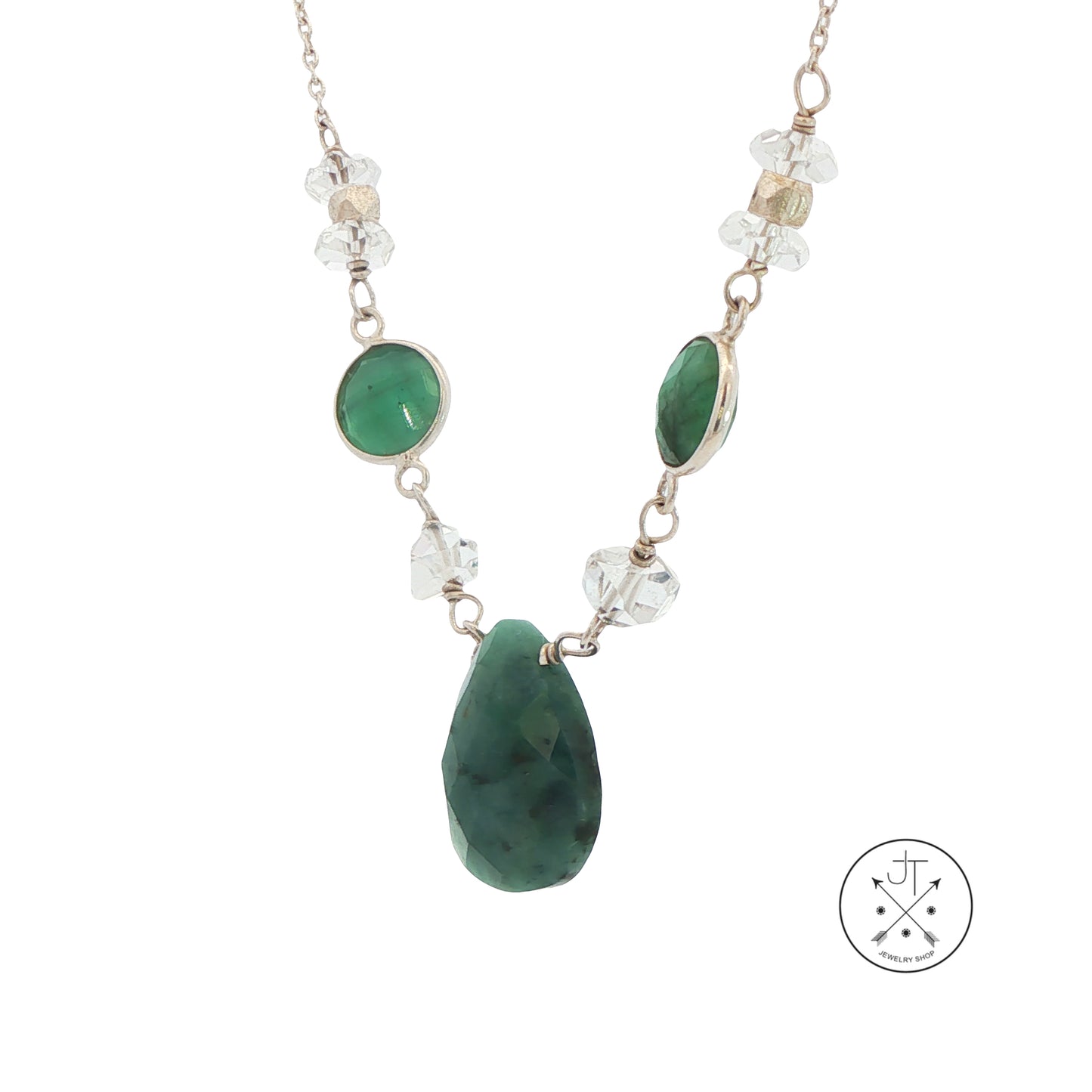 Deb Guyot Sterling Silver Necklace with Natural Aventurine and Herkimer Diamond Adjustable 18-20 inch