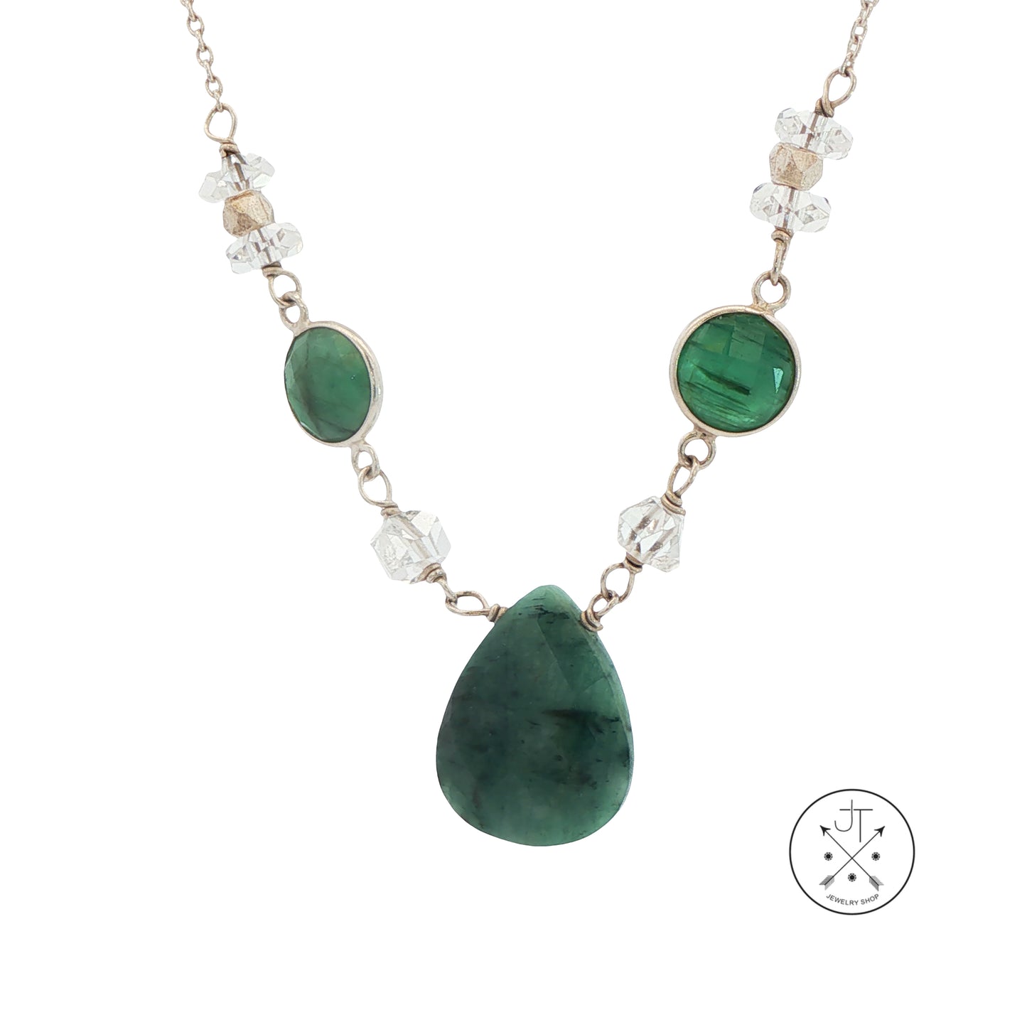 Necklace with green teardrop pendants and clear beads on a white background