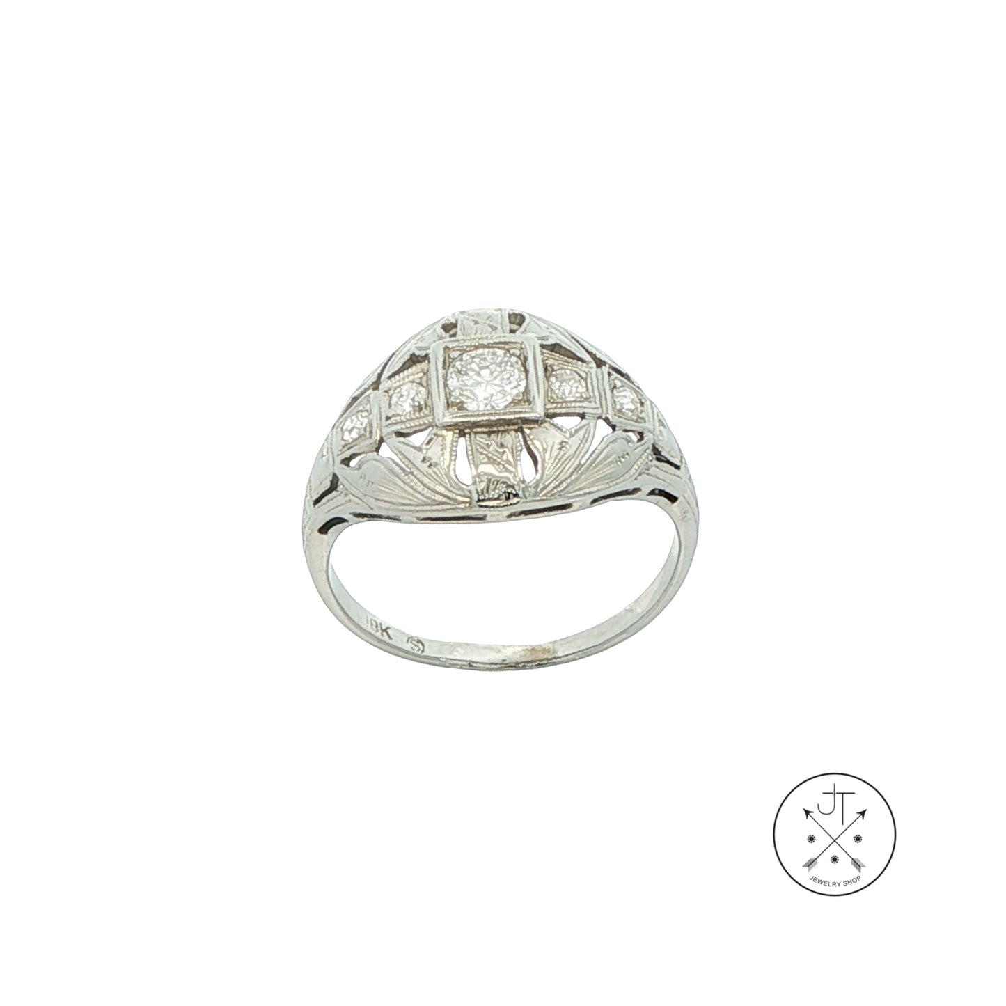 White Gold ring with diamond accents on a white background