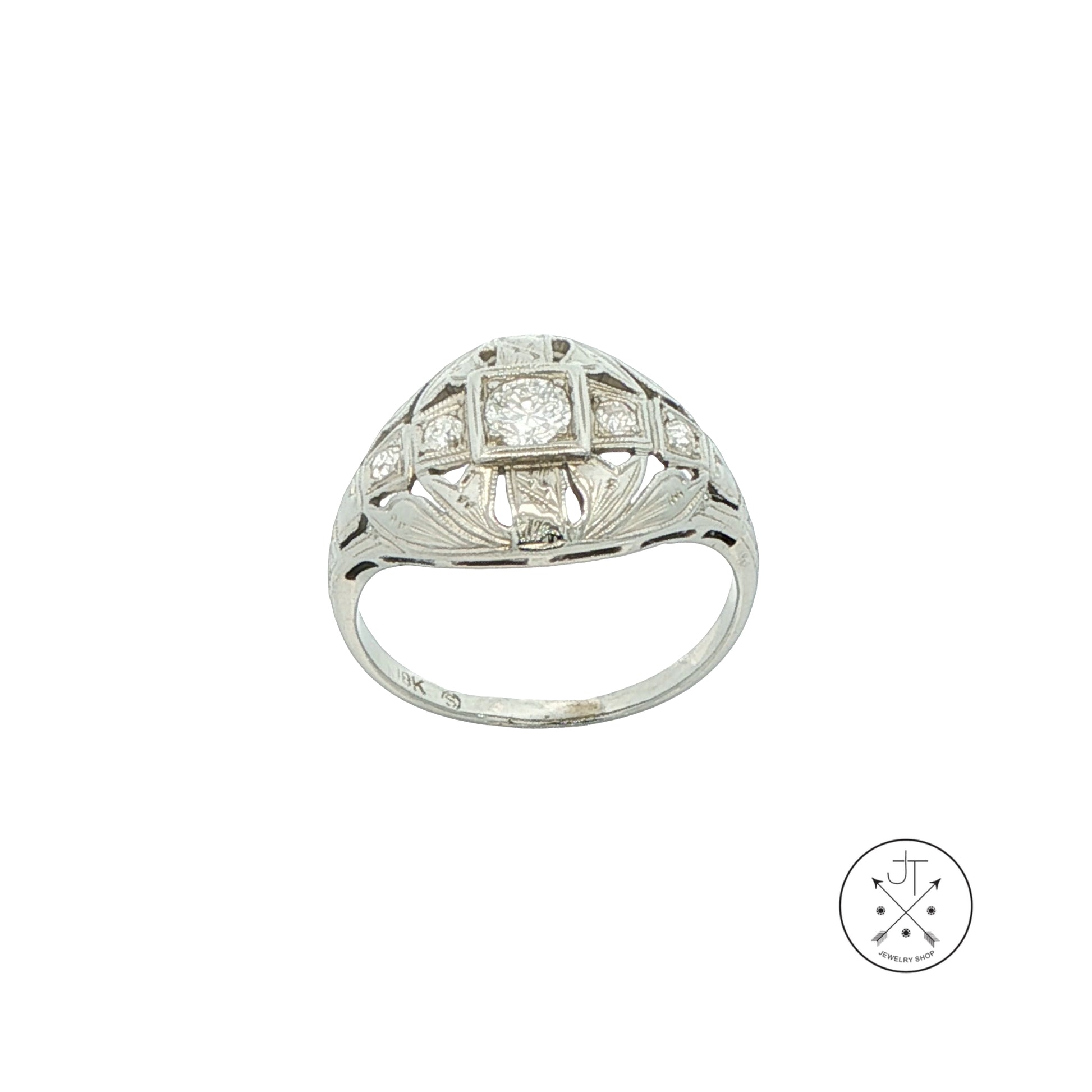 White Gold ring with diamond accents on a white background