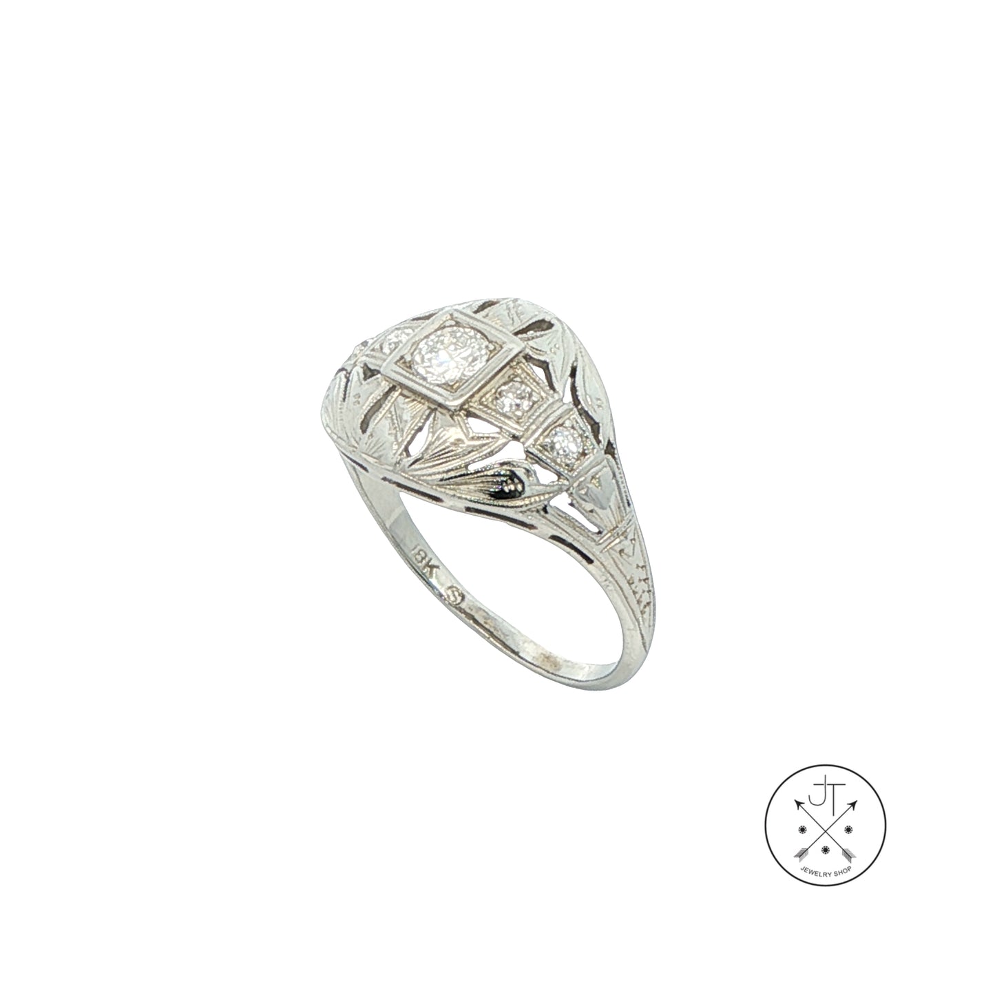 Vintage 18k White Gold Antique Reproduction Ring .30 ctw Natural Diamonds Size 6.25