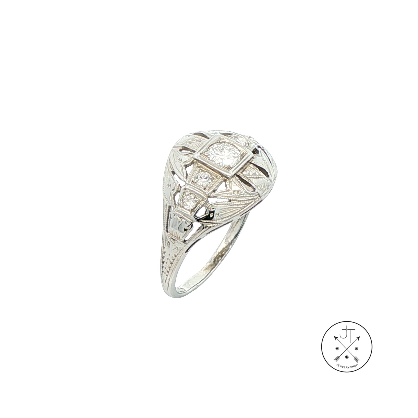 Vintage 18k White Gold Antique Reproduction Ring .30 ctw Natural Diamonds Size 6.25