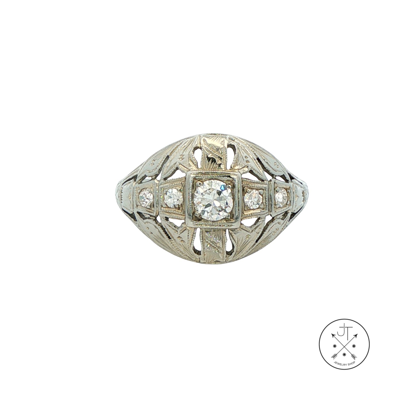 Vintage 18k White Gold Antique Reproduction Ring .30 ctw Natural Diamonds Size 6.25