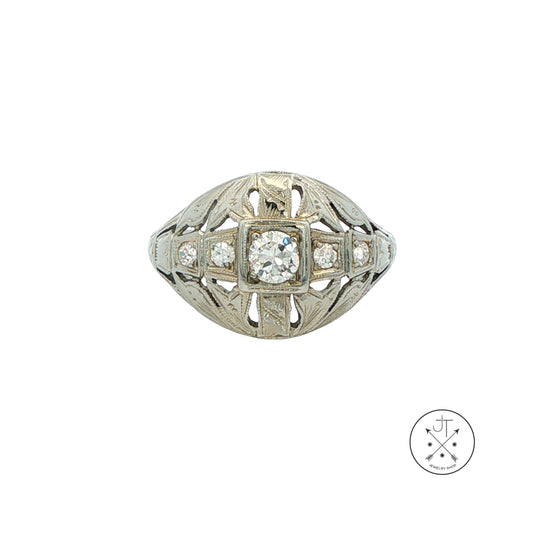 Vintage 18k White Gold Antique Reproduction Ring .30 ctw Natural Diamonds Size 6.25