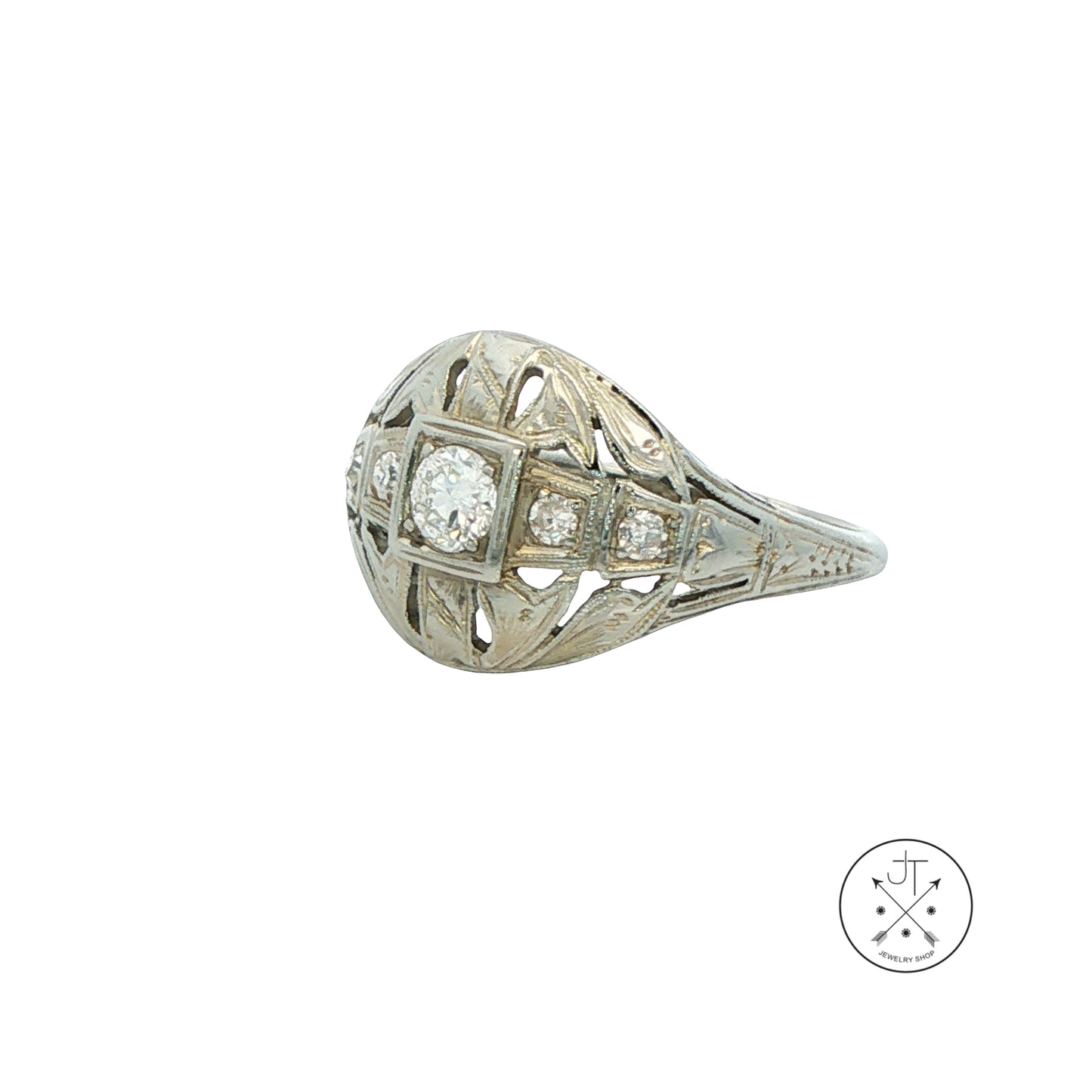 Vintage 18k White Gold Antique Reproduction Ring .30 ctw Natural Diamonds Size 6.25