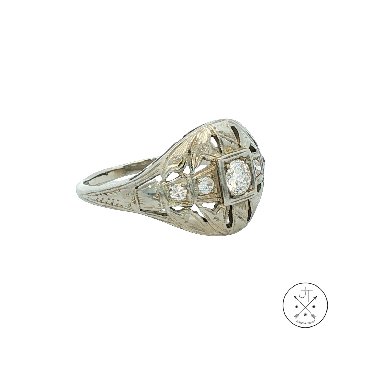 Vintage 18k White Gold Antique Reproduction Ring .30 ctw Natural Diamonds Size 6.25