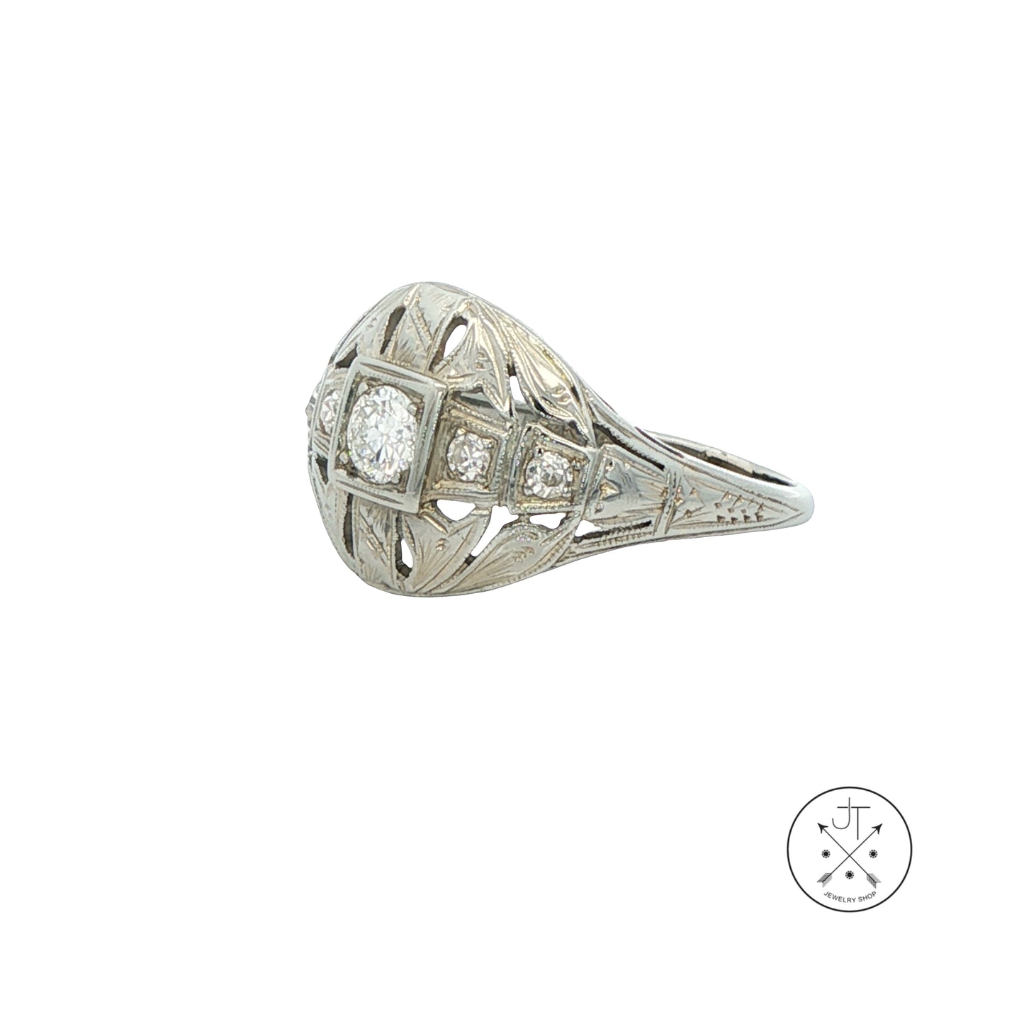 Vintage 18k White Gold Antique Reproduction Ring .30 ctw Natural Diamonds Size 6.25