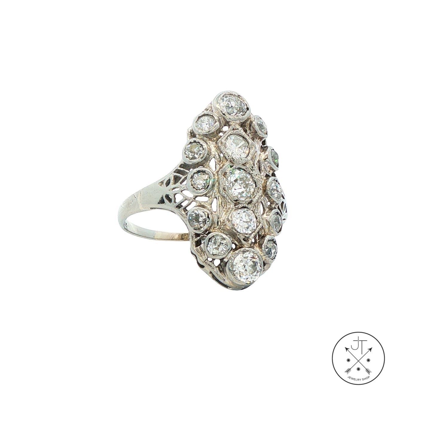 Vintage 18k White Gold Antique Reproduction Ring 1.30 ctw Natural Diamonds Size 7.5