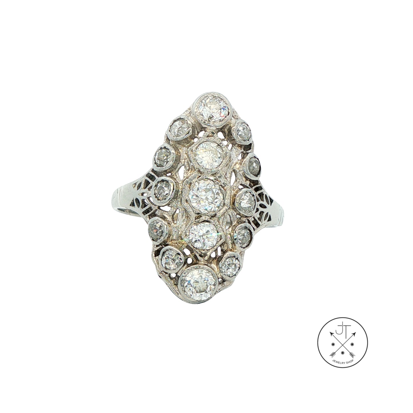 Vintage 18k White Gold Antique Reproduction Ring 1.30 ctw Natural Diamonds Size 7.5