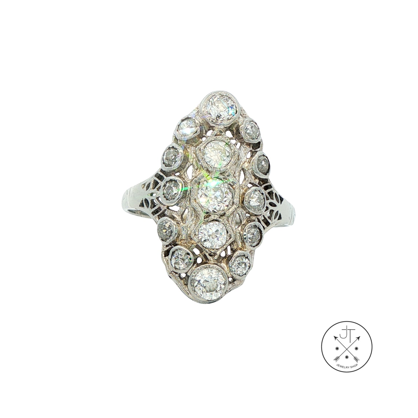 Vintage 18k White Gold Antique Reproduction Ring 1.30 ctw Natural Diamonds Size 7.5