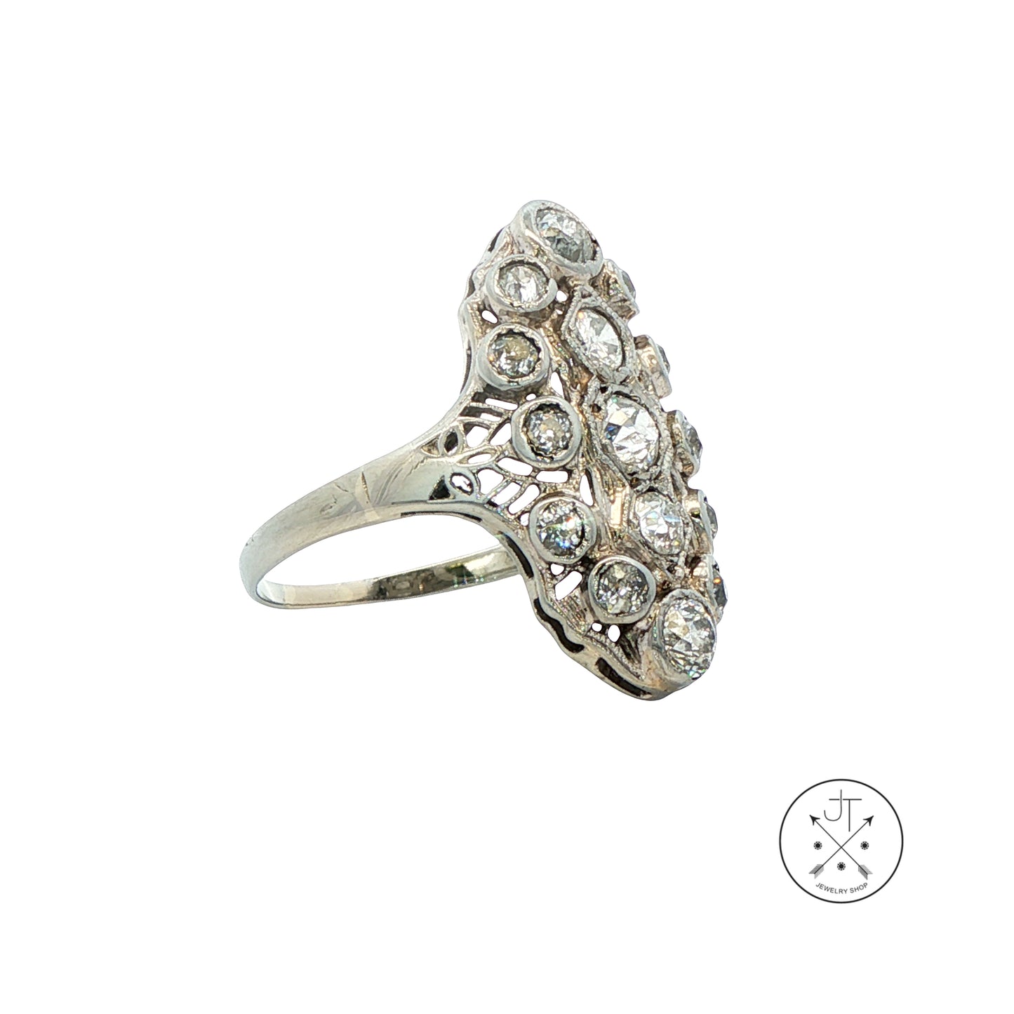 Vintage 18k White Gold Antique Reproduction Ring 1.30 ctw Natural Diamonds Size 7.5