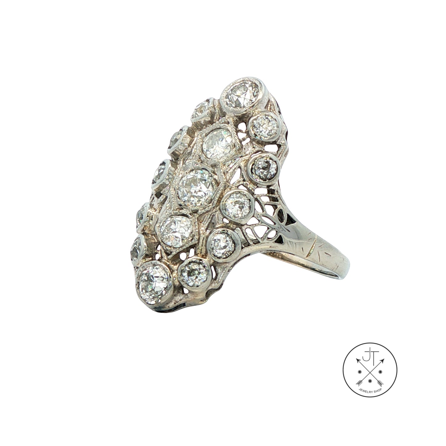 Vintage 18k White Gold Antique Reproduction Ring 1.30 ctw Natural Diamonds Size 7.5