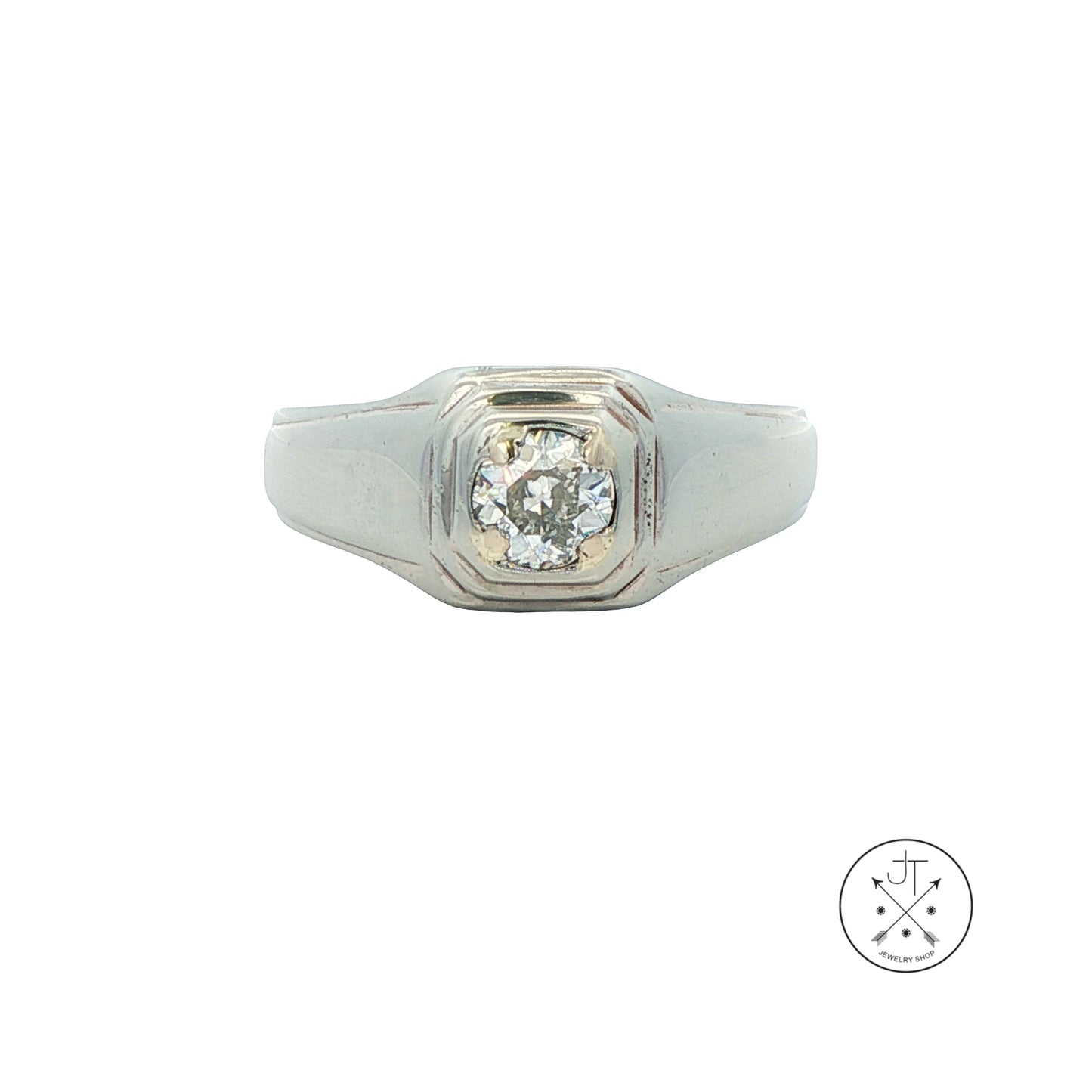 Vintage 18k White Gold Unisex Ring .50 ct Natural Diamond Old Miner Size 9 Solitaire