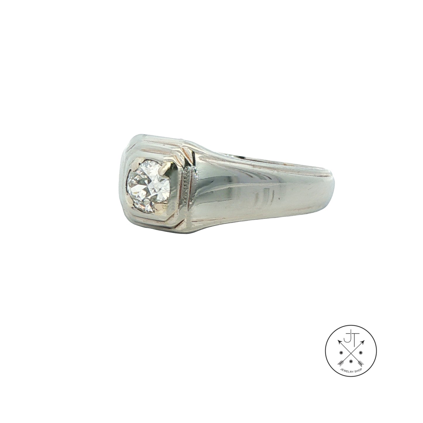 Vintage 18k White Gold Unisex Ring .50 ct Natural Diamond Old Miner Size 9 Solitaire