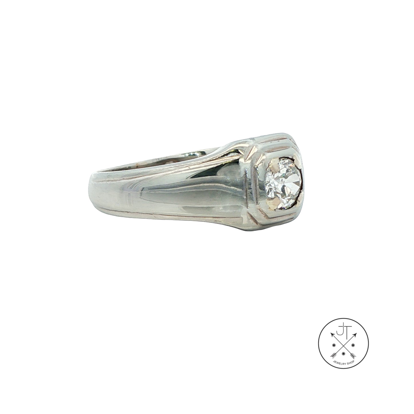 Vintage 18k White Gold Unisex Ring .50 ct Natural Diamond Old Miner Size 9 Solitaire