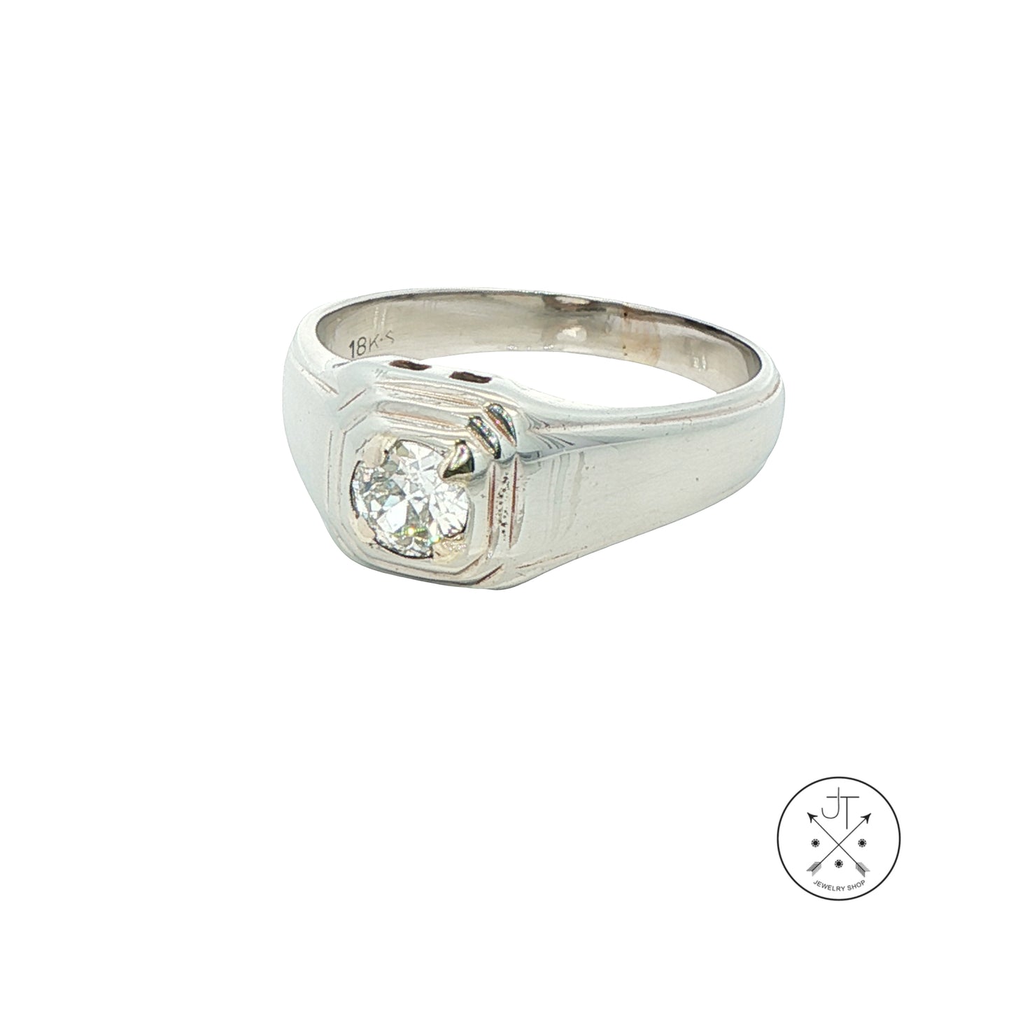 Vintage 18k White Gold Unisex Ring .50 ct Natural Diamond Old Miner Size 9 Solitaire