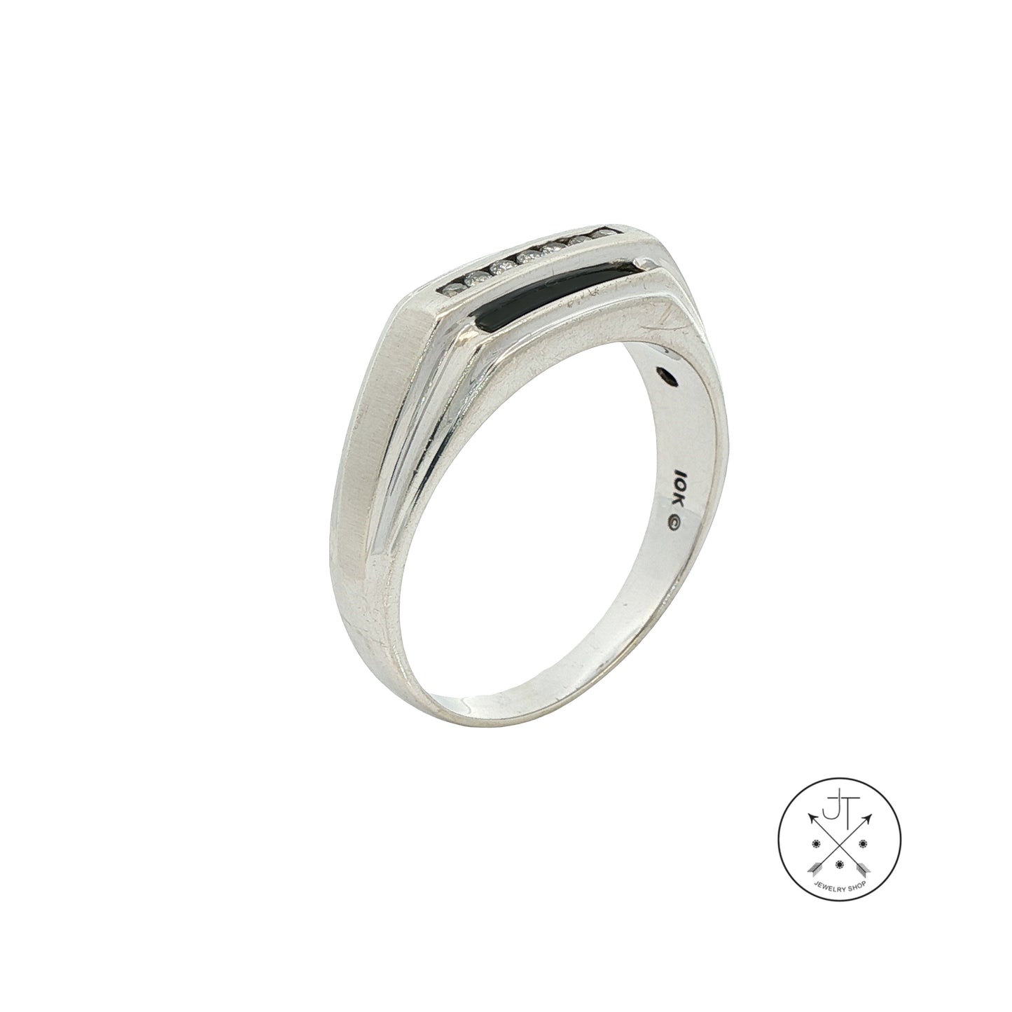 Vintage 10k White Gold Mens Ring with Onyx and Natural Diamonds Size 13.5