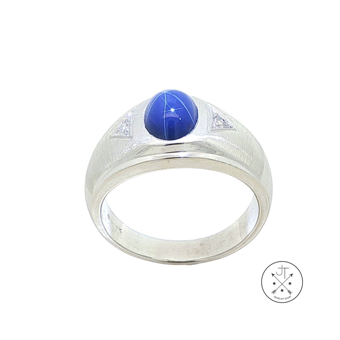 14k White Gold Mens Ring with Star Sapphire and Natural Diamonds Size 11.25
